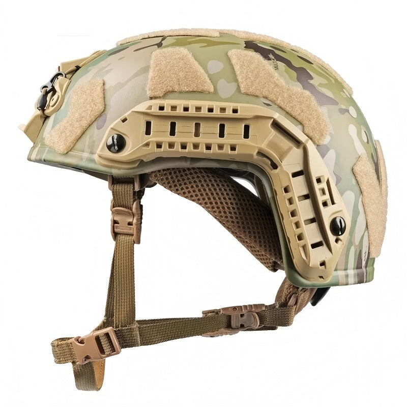 Rear side view of MC style camouflage FAST SF tactical ballistic helmet, Level IIIA bulletproof military ballistic combat helmet with rear hook-and-loop panel