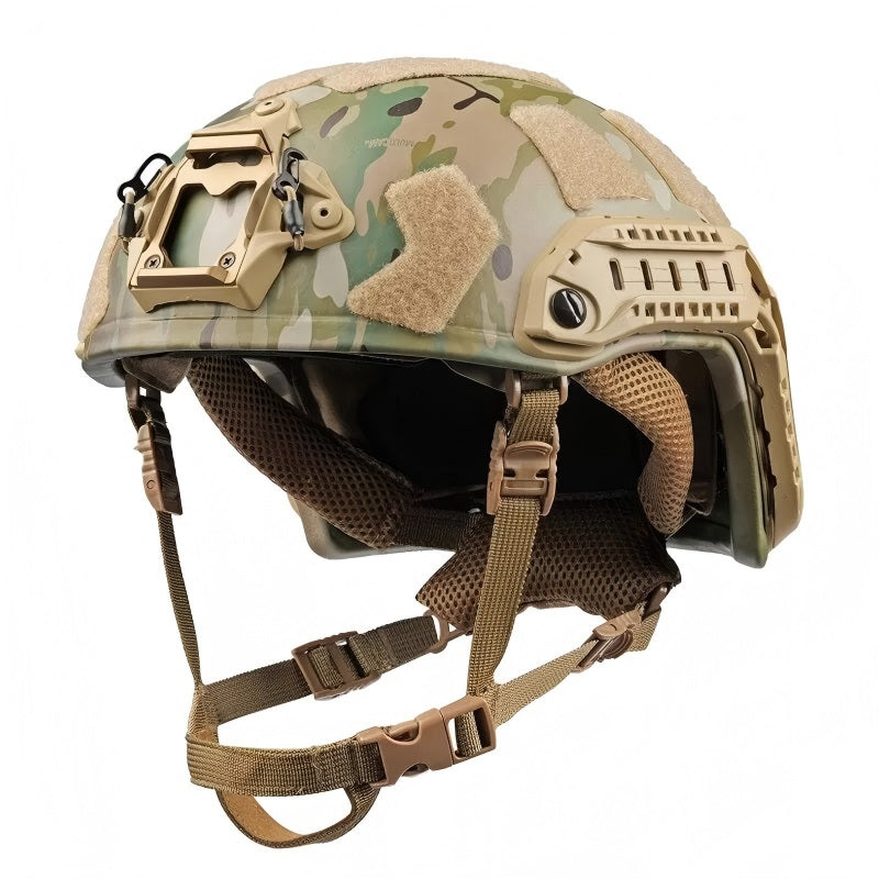 Top down view of MC style camouflage FAST SF tactical ballistic helmet, Level IIIA ballistic helmet with full top hook-and-loop attachment panels