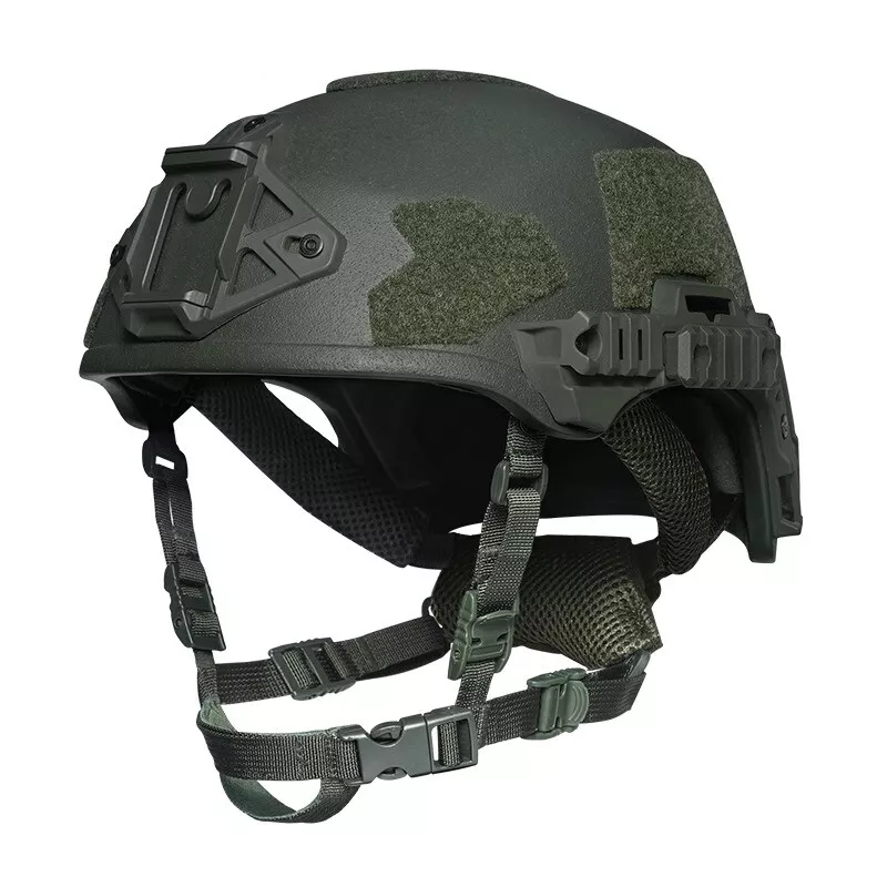 Front side view of OD Olive Drab Green Wendy Rail3 tactical ballistic helmet, Level IIIA aramid military ballistic combat helmet with front NVG mount and side picatinny accessory rails