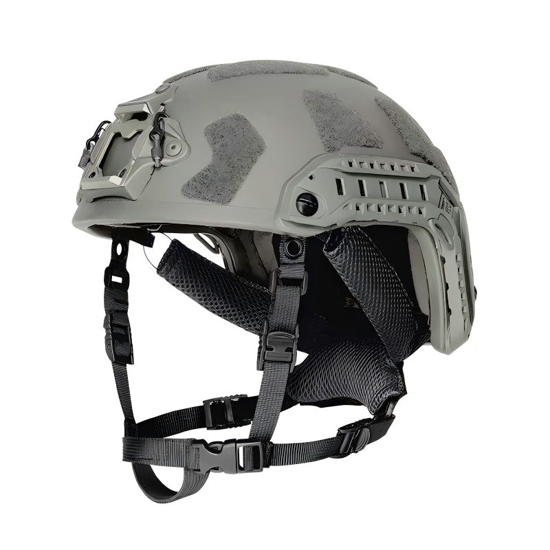 Front view of Rainforest RG Green FAST SF tactical ballistic helmet, Level IIIA military ballistic combat helmet with front NVG shroud