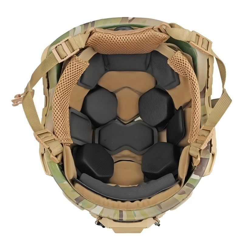 Inner padding view of Tan FAST SF tactical ballistic helmet, Level IIIA bulletproof military ballistic combat helmet with full cushion suspension system