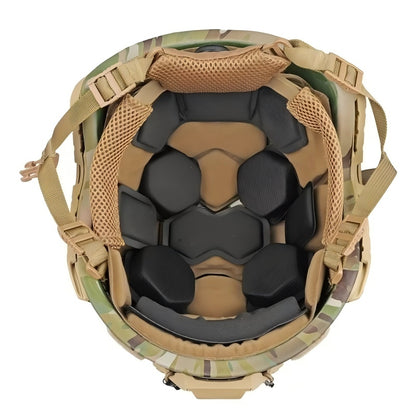 Inner padding view of Tan FAST SF tactical ballistic helmet, Level IIIA bulletproof military ballistic combat helmet with full cushion suspension system