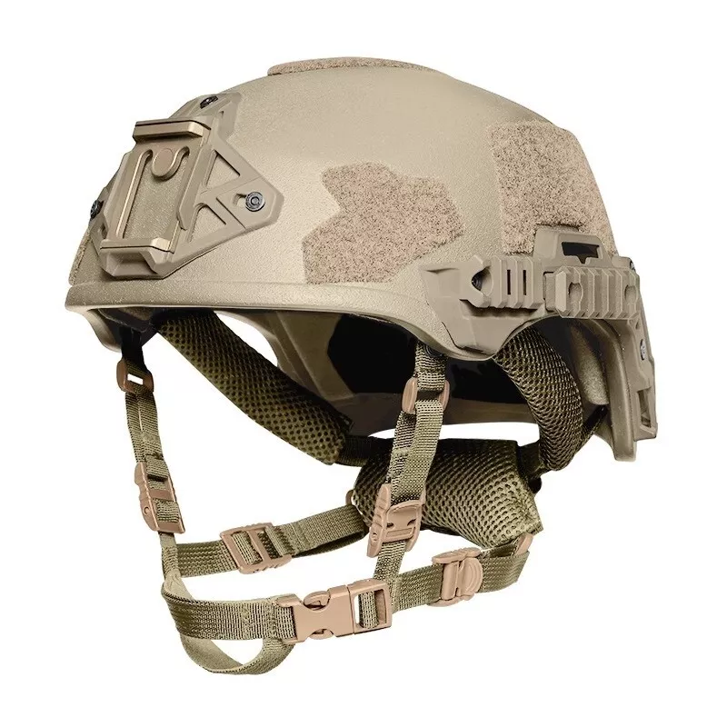 Front side view of Tan Wendy Rail3 tactical ballistic helmet, Level IIIA aramid military ballistic combat helmet with front NVG mount and side picatinny accessory rails