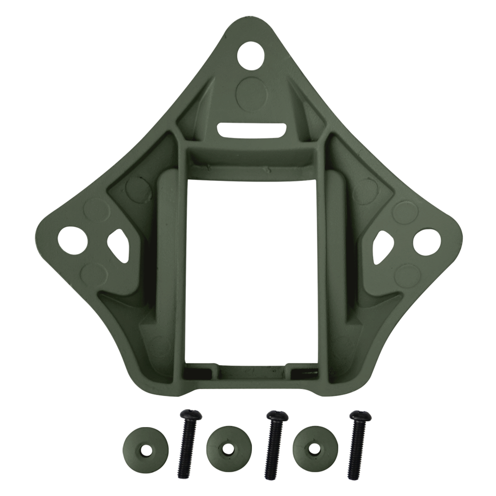 Close-up OD Green SBD Tactical VAS NVG shroud mount with installation hardware