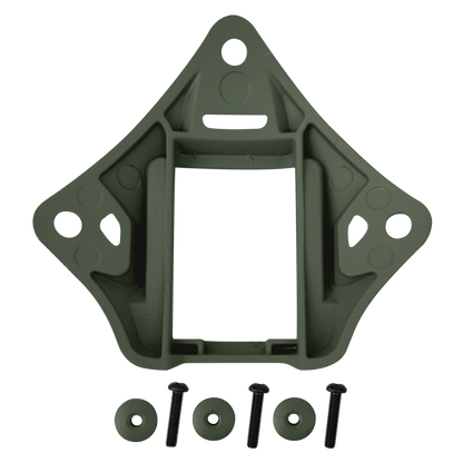 Close-up OD Green SBD Tactical VAS NVG shroud mount with installation hardware