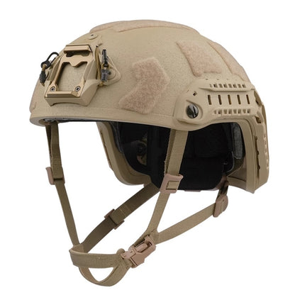 Front view of Tan Level IIIA FAST SF maritime tactical ballistic helmet, UHMWPE military combat helmet with front mount and hook-and-loop patches